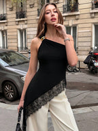 One-Shoulder Metal Lace Patchwork Asymmetric Hem Camisole shein