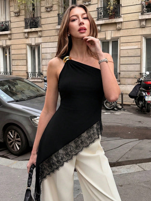 One-Shoulder Metal Lace Patchwork Asymmetric Hem Camisole shein