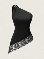 One-Shoulder Metal Lace Patchwork Asymmetric Hem Camisole shein