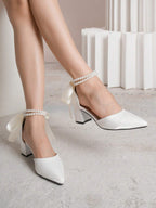 Peep Toe High Heel Shoes With Hollowed Pearl Chain Back Strap & Butterfly Knot shein