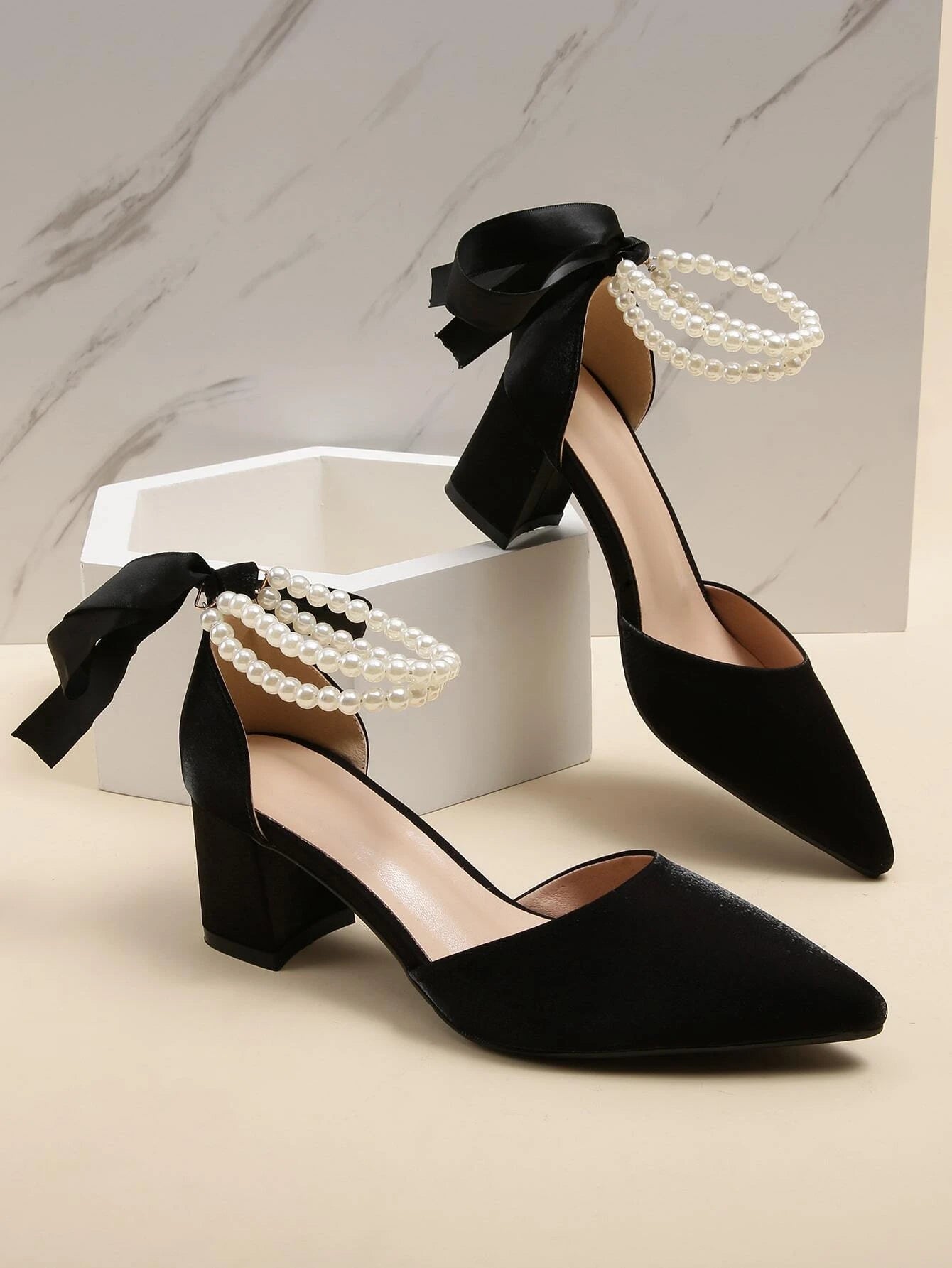 Peep Toe High Heel Shoes With Hollowed Pearl Chain Back Strap & Butterfly Knot shein