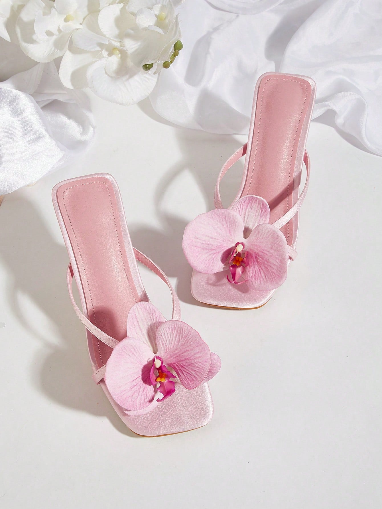 Square Toe Satin Floral Thong Strappy High Heel Sandals
