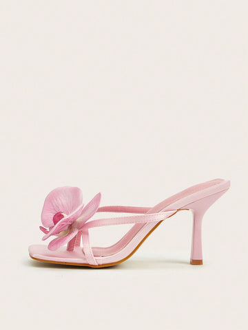 Square Toe Satin Floral Thong Strappy High Heel Sandals