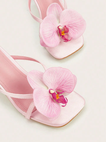 Square Toe Satin Floral Thong Strappy High Heel Sandals