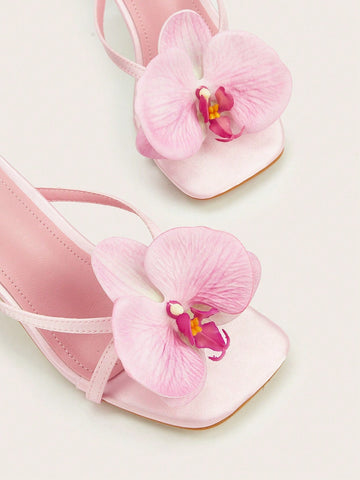 Travel & Beach Green Satin Flower Decor Open Toe Stiletto High Heel Sandals