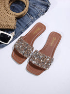 Women's Brown Square Toe Flat Sandals shein