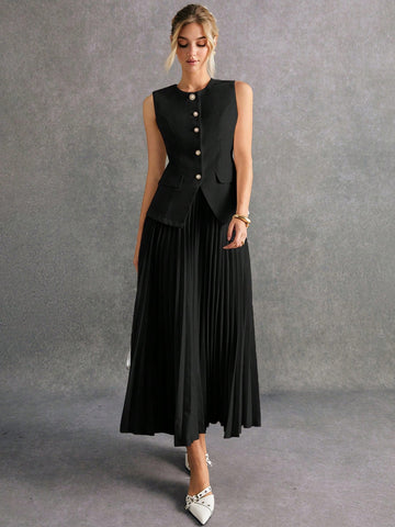 Women Front Button Sleeveless Minimalist Blouse And Mini Skirt Suit