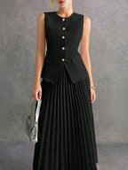 Women Front Button Sleeveless Minimalist Blouse And Mini Skirt Suit shein