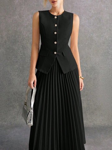 Women Front Button Sleeveless Minimalist Blouse And Mini Skirt Suit