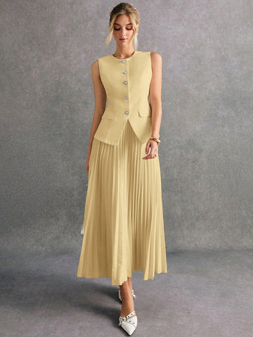Women Front Button Sleeveless Minimalist Blouse And Mini Skirt Suit