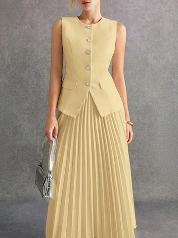 Women Front Button Sleeveless Minimalist Blouse And Mini Skirt Suit