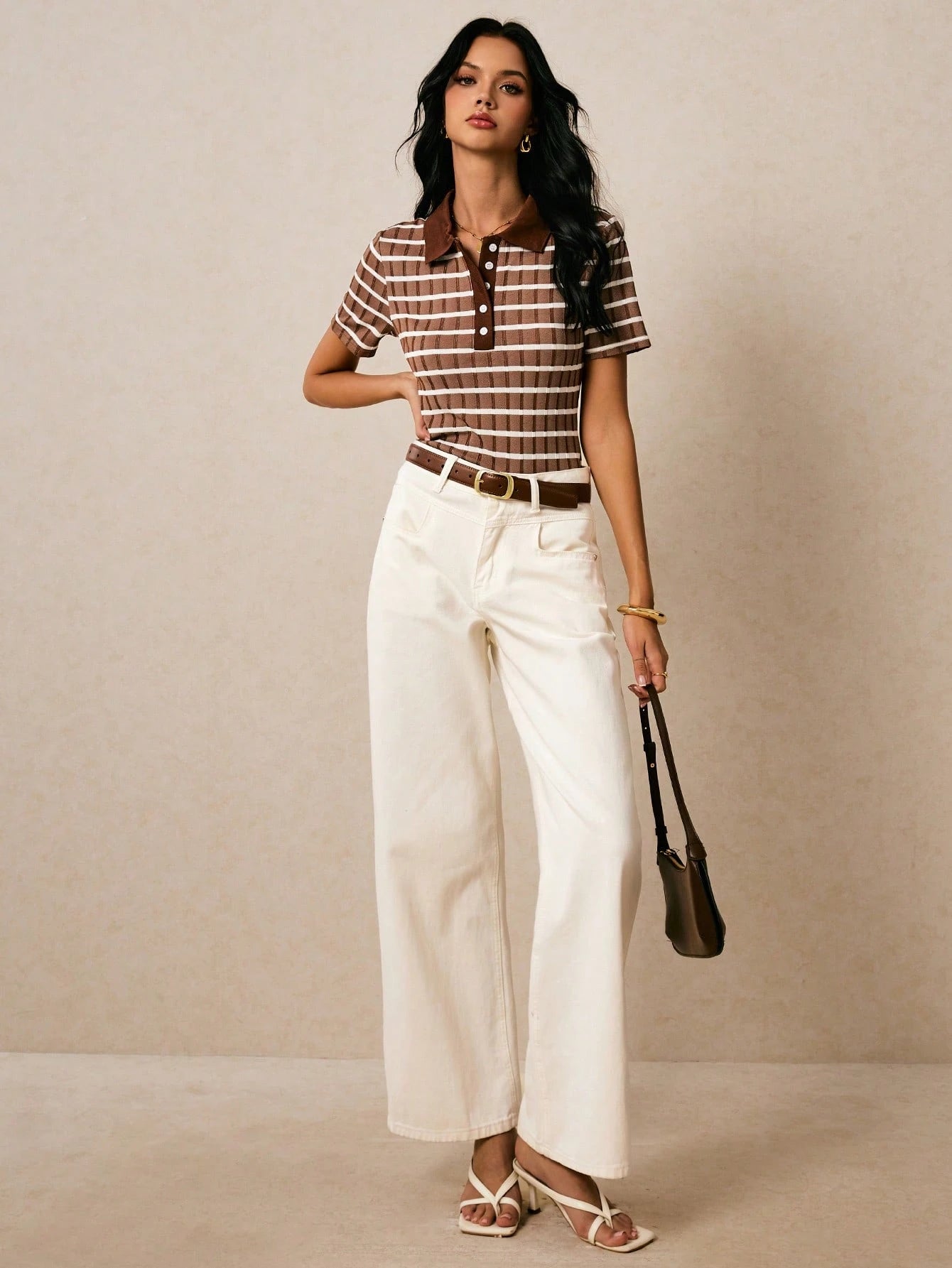 Poéselle Women's Front Button Short Sleeve Striped Casual Blouse shein
