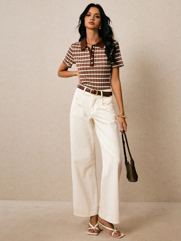 Poéselle Women's Front Button Short Sleeve Striped Casual Blouse