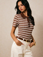 Poéselle Women's Front Button Short Sleeve Striped Casual Blouse shein