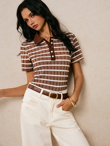 Poéselle Women's Front Button Short Sleeve Striped Casual Blouse