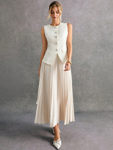 Women Front Button Sleeveless Minimalist Blouse And Mini Skirt Suit