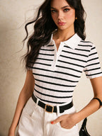 Poéselle Women's Front Button Short Sleeve Striped Casual Blouse shein
