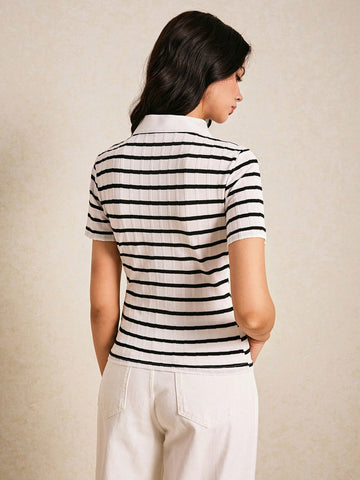 Poéselle Women's Front Button Short Sleeve Striped Casual Blouse