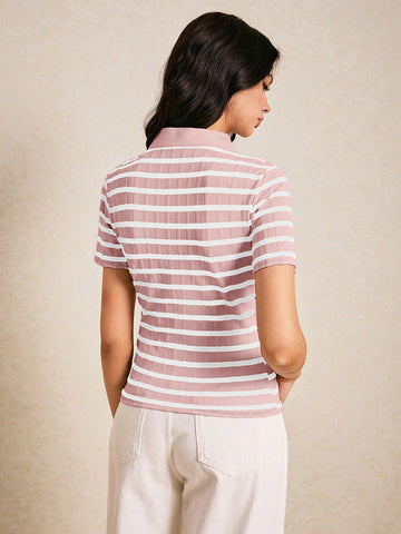 Poéselle Women's Front Button Short Sleeve Striped Casual Blouse