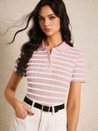 Poéselle Women's Front Button Short Sleeve Striped Casual Blouse shein