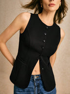 Women's Solid Color Button-Front Round Neck Sleeveless Blouse