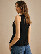 Women's Solid Color Button-Front Round Neck Sleeveless Blouse
