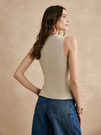 Women's Solid Color Button-Front Round Neck Sleeveless Blouse