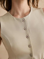 Women's Solid Color Button-Front Round Neck Sleeveless Blouse