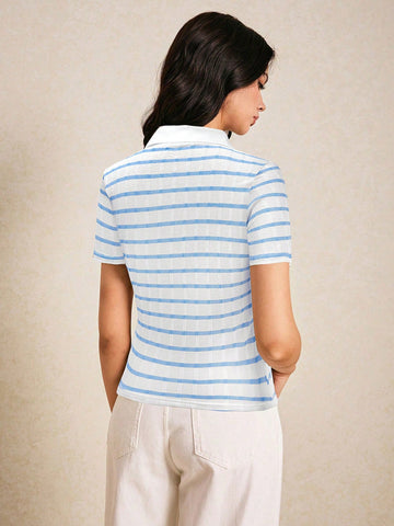 Poéselle Women's Front Button Short Sleeve Striped Casual Blouse
