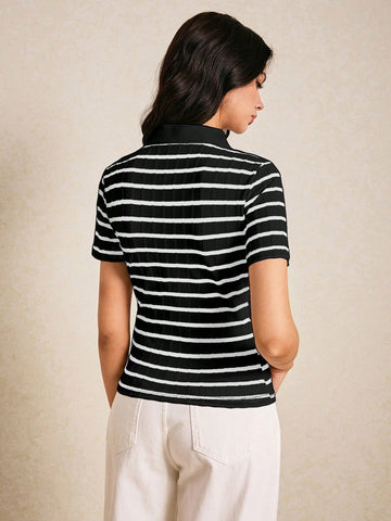 Poéselle Women's Front Button Short Sleeve Striped Casual Blouse
