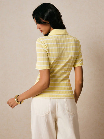 Poéselle Women's Front Button Short Sleeve Striped Casual Blouse