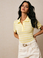 Poéselle Women's Front Button Short Sleeve Striped Casual Blouse shein