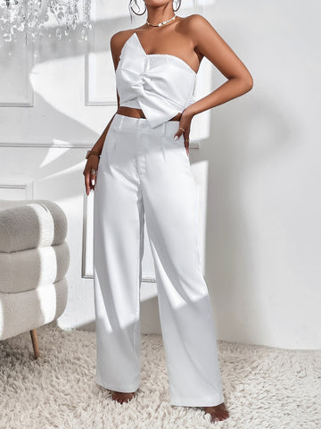 Privé Bow Front Crop Tube Top & Wide Leg Pants shein