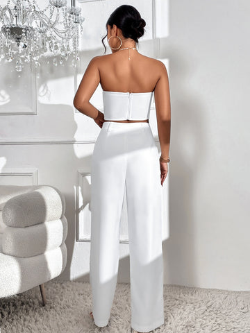 Privé Bow Front Crop Tube Top & Wide Leg Pants shein