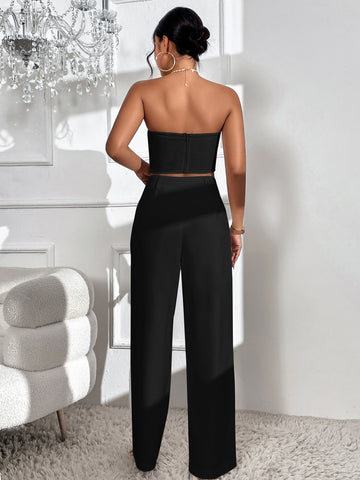 Privé Bow Front Crop Tube Top & Wide Leg Pants shein