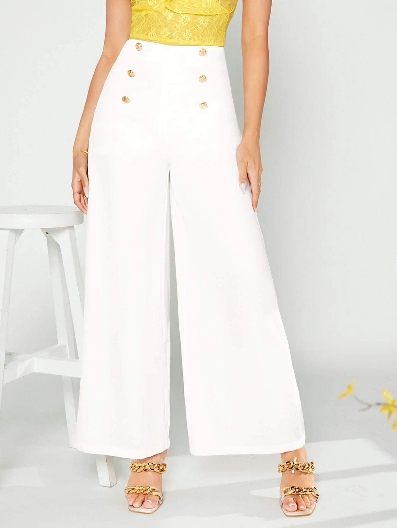 Privé Button Detail Wide Leg Pants shein