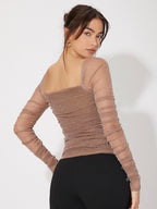 Privé Collar Pleated Glitter Mesh Top shein