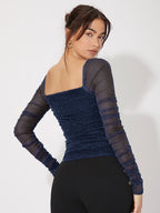 Privé Collar Pleated Glitter Mesh Top shein