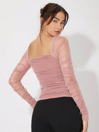 Privé Collar Pleated Glitter Mesh Top shein