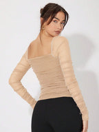 Privé Collar Pleated Glitter Mesh Top shein