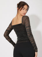 Privé Collar Pleated Glitter Mesh Top shein
