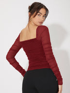 Privé Collar Pleated Glitter Mesh Top shein