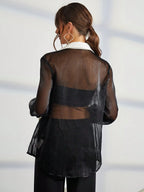 Privé Contrast Collar Flare Sleeve Sheer Shirt Without Bra shein