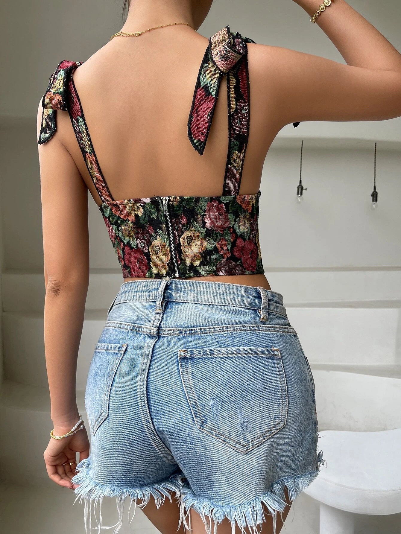 Privé Floral Print Tie Shoulder Cami Top shein