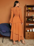 Privé Frill Trim Lantern Sleeve Layered Hem Dress shein