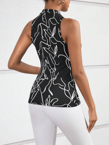 Privé Graphic Print Mock Neck Tank Top shein