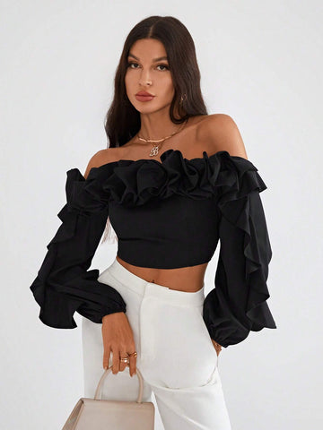 Privé Off Shoulder Ruffle Trim Lantern Sleeve Crop Top shein