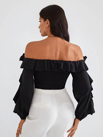 Privé Off Shoulder Ruffle Trim Lantern Sleeve Crop Top shein