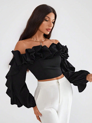 Privé Off Shoulder Ruffle Trim Lantern Sleeve Crop Top shein