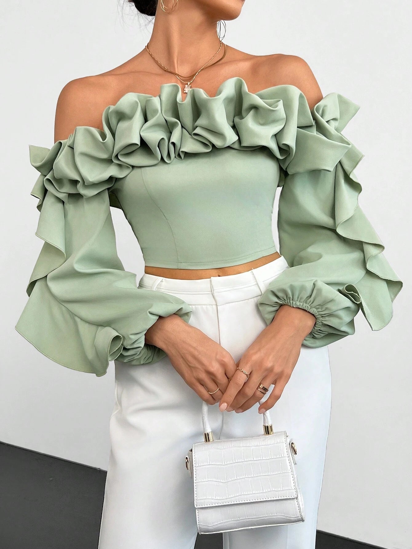 Privé Off Shoulder Ruffle Trim Lantern Sleeve Crop Top shein